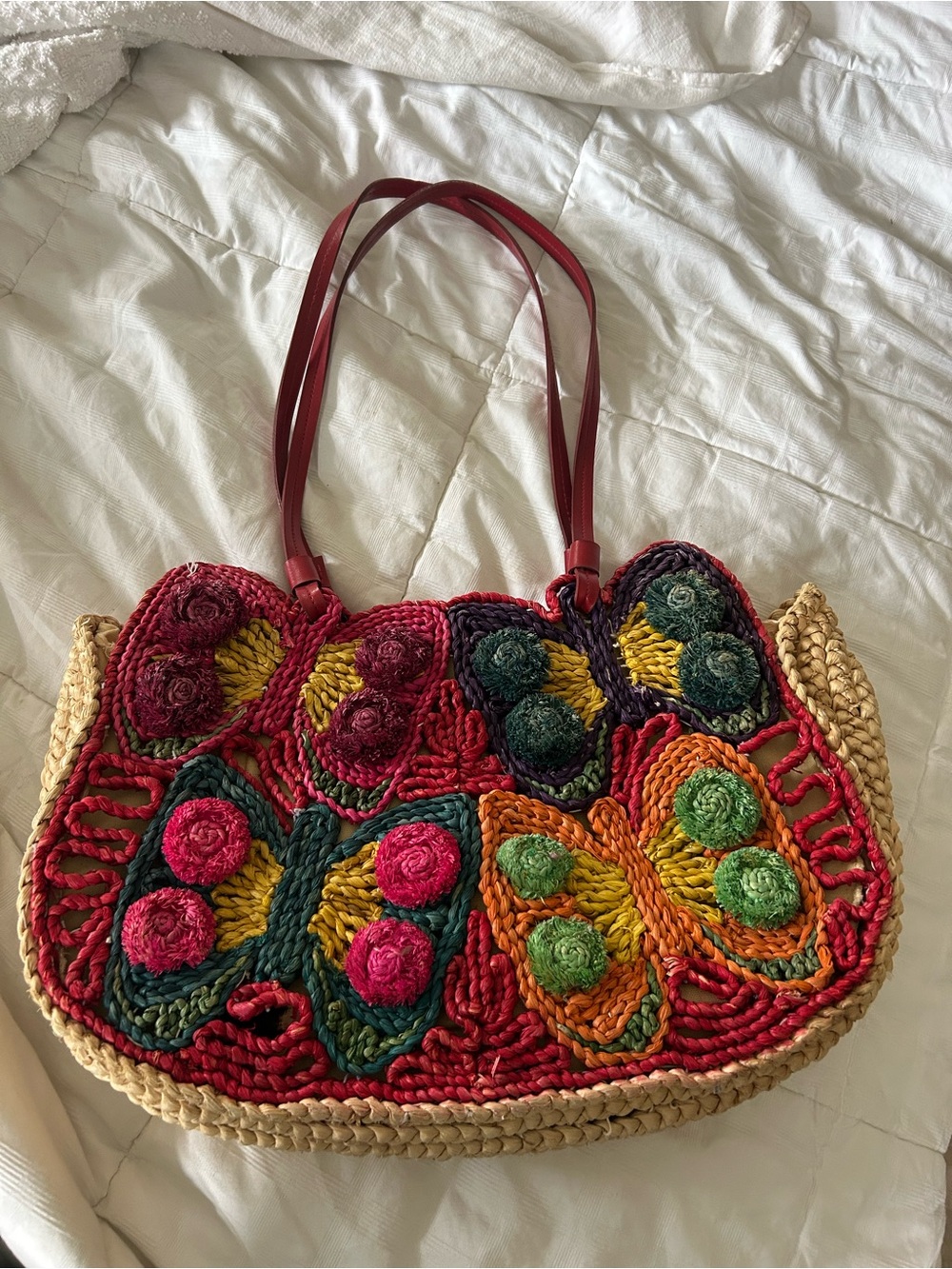 Vintage Butterfly Straw Tote Bag